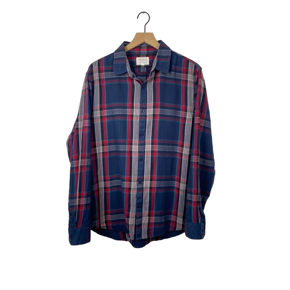 Front street plaid blue red long sleeve collar button up shirt xl